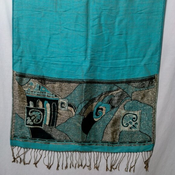 Cashmere Scarf Woven Turquoise Blue Black Metallic Gold Design Fringe Artsy Wrap - Picture 9 of 16